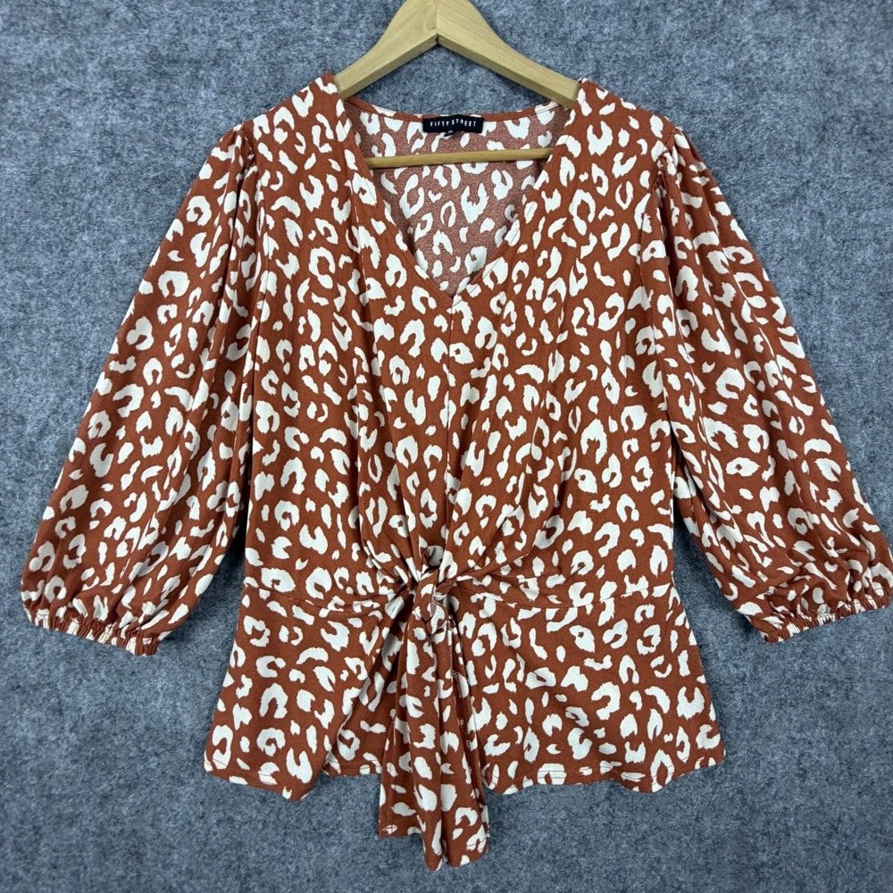 Fifty Street Blouse Top Women XL Brown Leopard Print Tie Front V-Neck 3/4 Sleeve